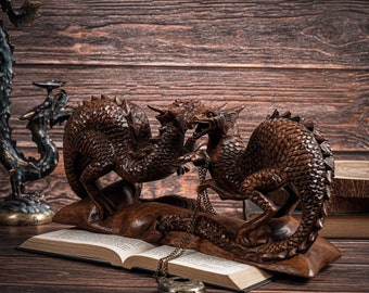 Handmade Suar Wood Twin Dragon Statue, Mystical Animal Carving, 14 Inch Long