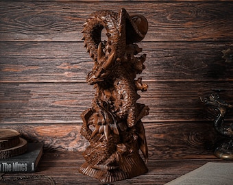 Double Fighting Dragon 14.4", Dragon Statue, Mystical Animal, Wood Carving Dragon, Living Room Decor, Housewarming Decor, Gift for Him