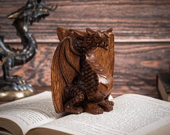 Handcrafted Wooden Dragon Sculpture, Mystical Table Decor, Small Miniature Statue, 4 Inch