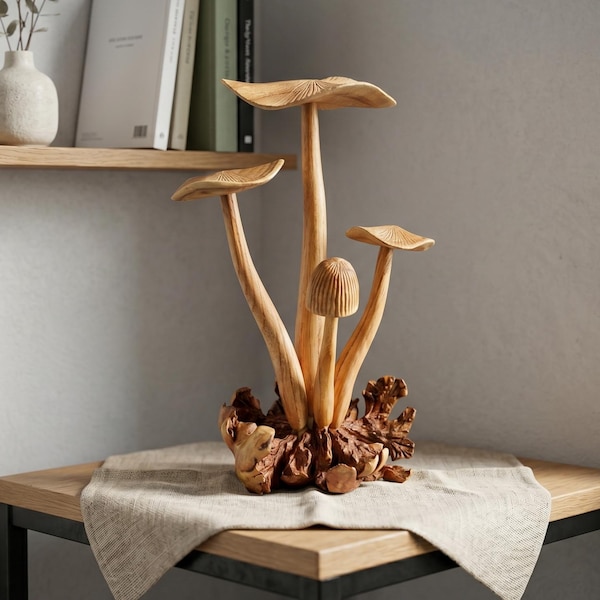 Handmade Jempinis Wood Mushroom Sculpture, Rustic Woodland Tabletop Decor, 13 Inch