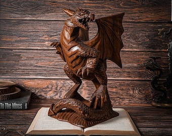 Wooden Dragon Statue 10.4", Unique Sculpture, Chinese Dragon, Mystical Animal, Handmade Gift, Halloween Decor, Room Decor, Best Gift