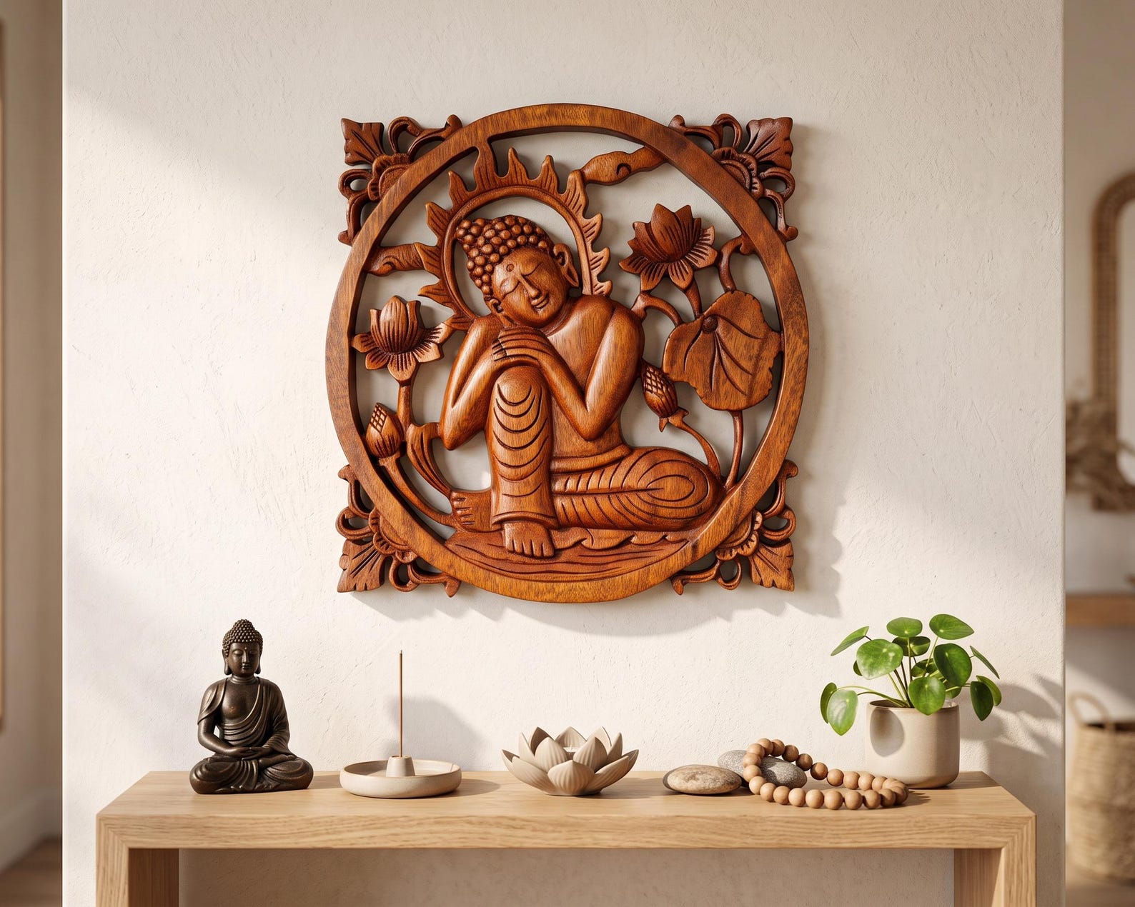 Resting Buddha Wall Decor, Handmade Wooden Sculpture, Lotus Zen Spiritual Decor, 11 Inch