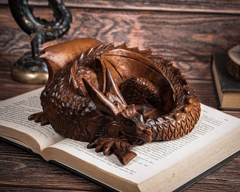 Sleeping Dragon Statue 5.8 Width, Wooden Sculpture, Fantasy Animal, Wood Carving, Wooden, Gift for friend, Room Decor, Living Room Decor