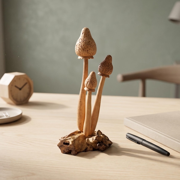 Wooden Mushroom Figurine, Unique Handicraft, Rustic Home Decor, Natural Piece, 9.6 Inch