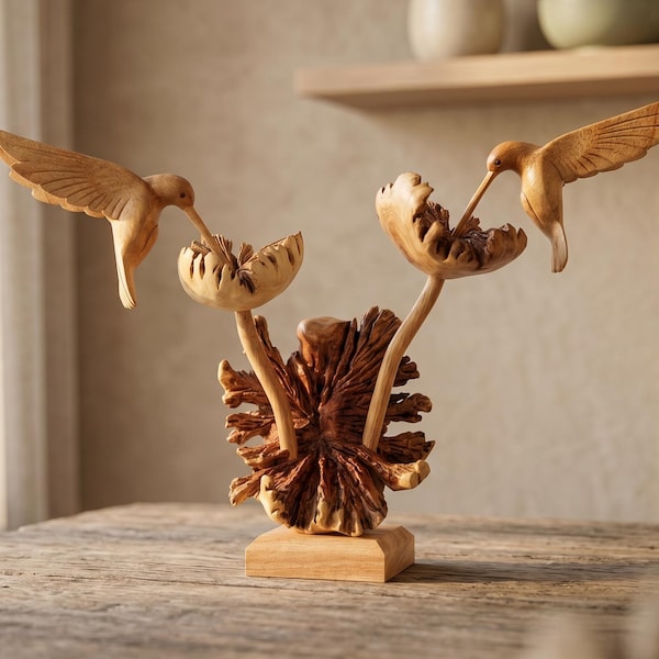 Wooden Hummingbird Couple Statue, Handmade Bird Figurine, Birthday Gift, 9.5 Inch
