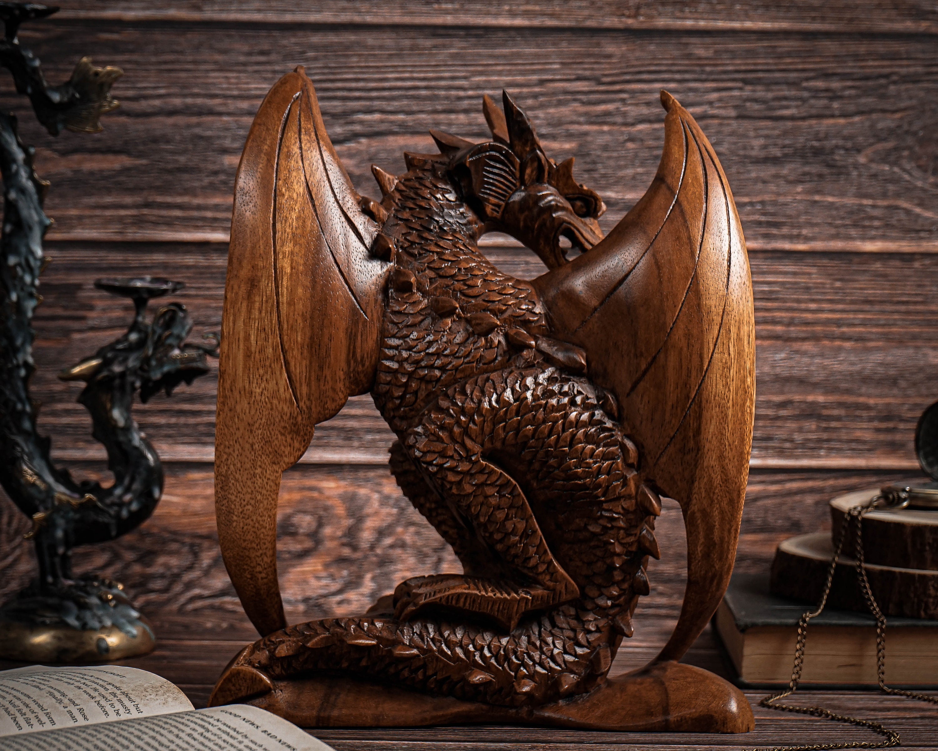 Wooden Dragon Statue 10.3, Unique Sculpture, Chinese Dragon, Mystical Animal,  Handmade, Halloween Decor, Room Decor, Father Son Gift 