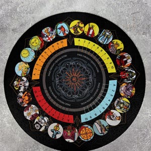 May include: A circular black divination mat with tarot card imagery. The mat features a central design with the words "NO" and "YES", and curved scales with numbers and the text "PAGE/KNIGHT/QUEEN/KING".
