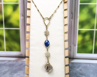 24k Gold Herkimer Diamond and Lapis Lazuli Lariat Necklace