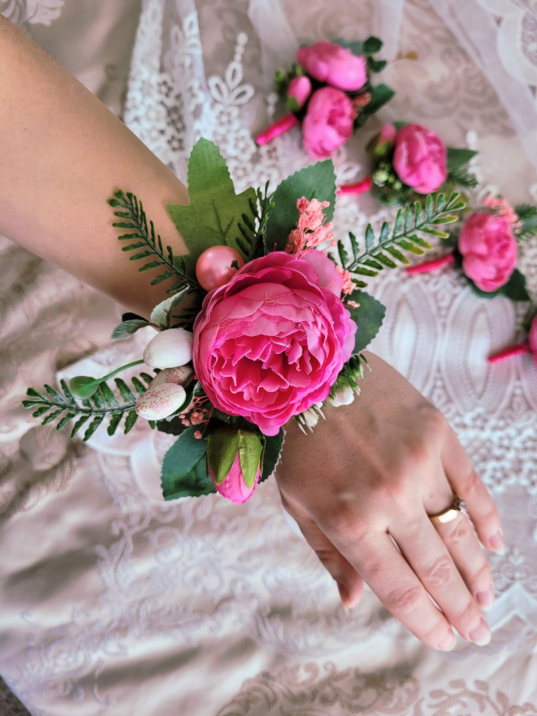 White mini roses and hot pink ribbon corsage and b in Myrtle Beach