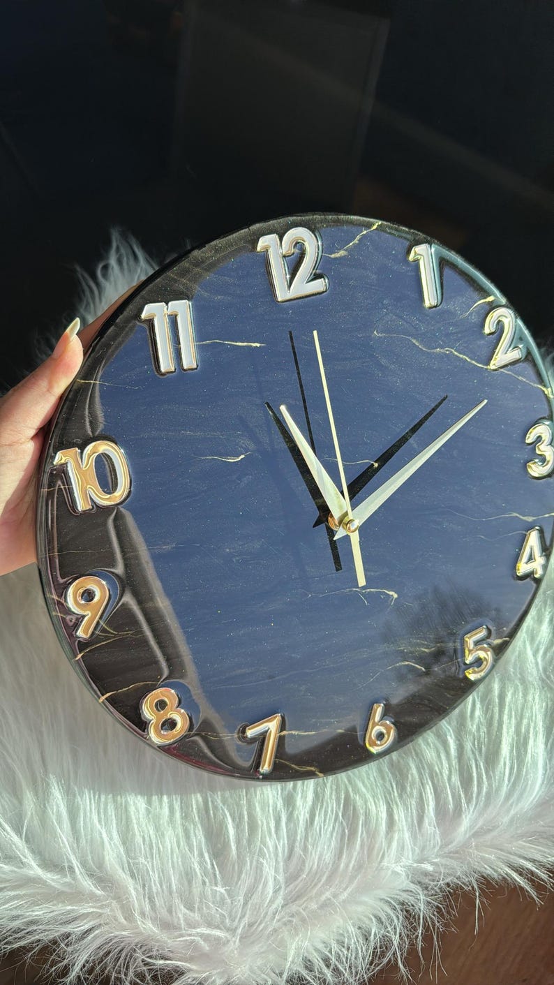 Resin art wall clock | White and gold marble wall clock |white and gold abstract epoxy resin wallclock | Housewarming gift | New home gift | image 14