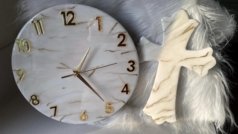 Resin art wall clock | White and gold marble wall clock |white and gold abstract epoxy resin wallclock | Housewarming gift | New home gift | image 10