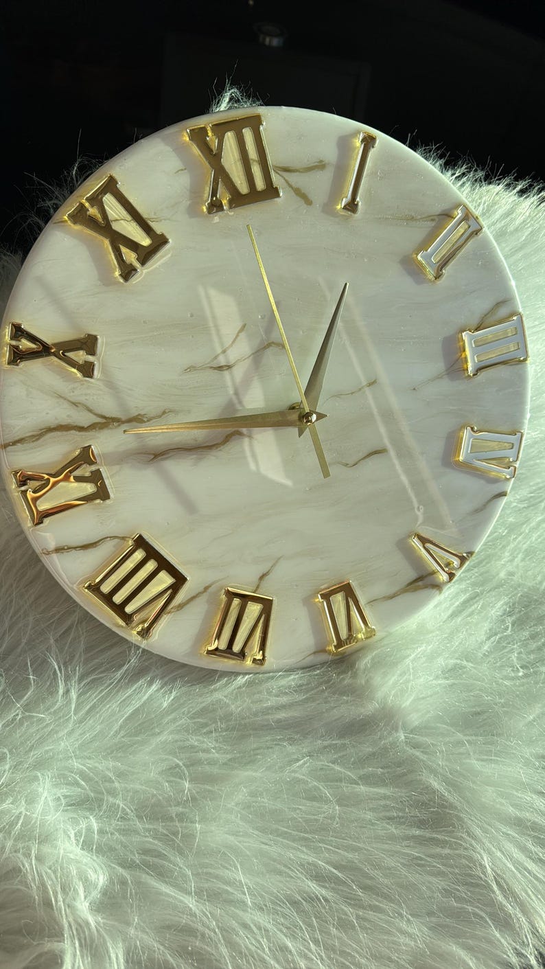Resin art wall clock | White and gold marble wall clock |white and gold abstract epoxy resin wallclock | Housewarming gift | New home gift | image 12