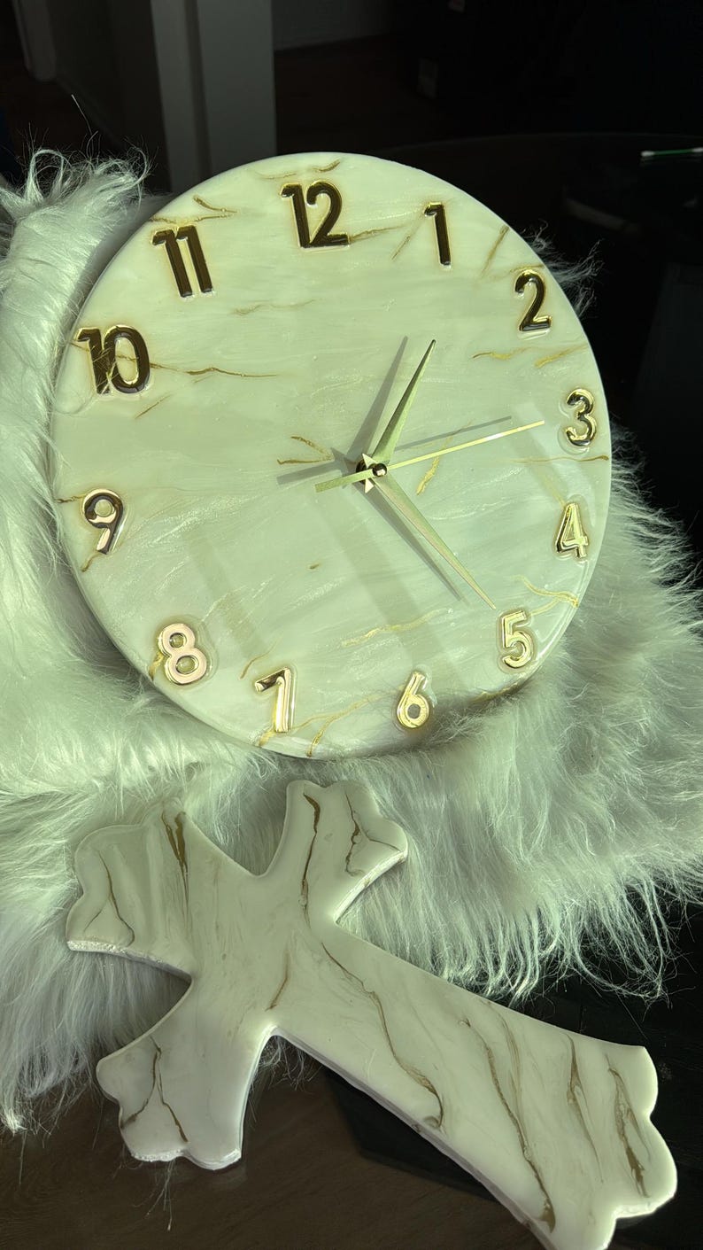 Resin art wall clock | White and gold marble wall clock |white and gold abstract epoxy resin wallclock | Housewarming gift | New home gift | image 13
