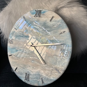 Resin art Wall clock | blue, white and silver wall clock | Living room clock | Office Clock | New home gift |EpoxyResinWallClock