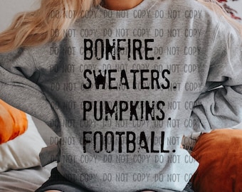 Bonfire, sweaters, pumpkins, football, fall png, vintage fall, vintage font png, sweater png, football sweater png
