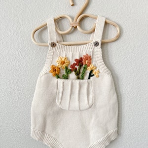 Custom Hand Embroidered Pocket of Flowers Knit Romper, Custom Romper, pocket Romper, Milestone, children’s clothes, gift, summer