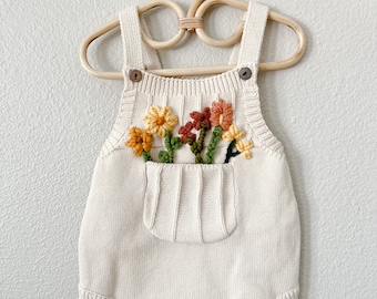 Custom Hand Embroidered Pocket of Flowers Knit Romper, Custom Romper, pocket Romper, Milestone, children’s clothes, gift, summer