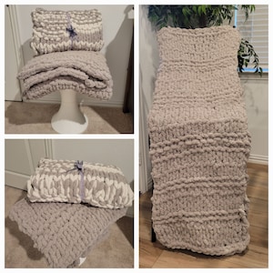 Finger knitted chunky chenille yarn throw blanket