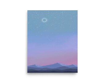 May include: A digital illustration of a purple and blue mountain range with a ring of light in the sky above. The sky is filled with white stars.