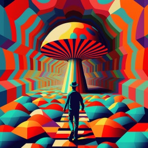 Homem caminhando em direção ao cogumelo psicodélico - arte digital exclusiva de parede