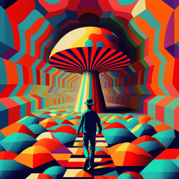 Man Walking Towards Psychedelic Mushroom - Unique Digital Wall Art