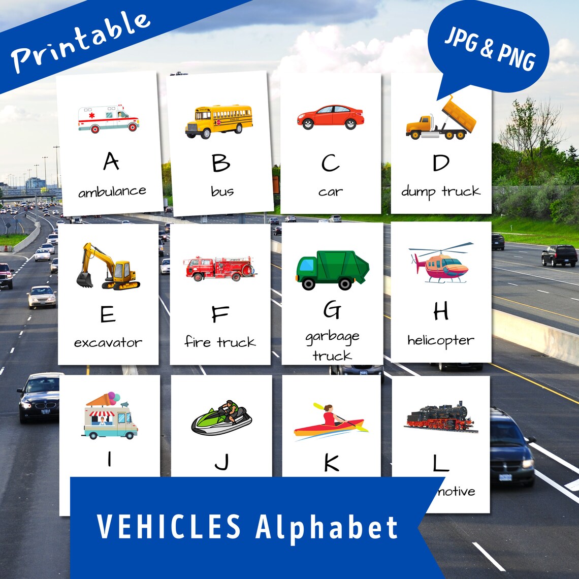 Vehicle ALPHABET Flashcards Cars and Trucks Printable Tracing Etsy
