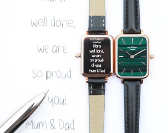 Montre gravée personnalisée avec votre propre écriture - Vert pin - Bracelet en cuir véritable