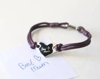 Own Handwriting Engraved Hearts Forever Bracelet with Leather Strap