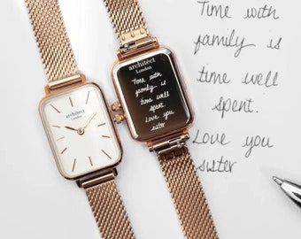 Personalised Rose Gold Ladies' Watch - Engraved With Own Handwriting or Modern Font | Customizable Wristwatch Gift for Her | Mesh Strap