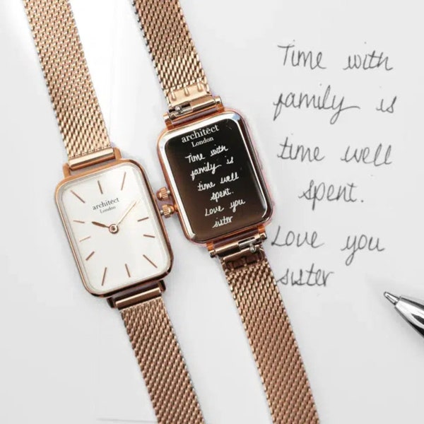 Personalised Rose Gold Ladies' Watch – Engraved With Own Handwriting or Modern Font | Customizable Wristwatch Gift for Her | Mesh strap