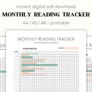 Pagine di monitoraggio della lettura mensile / Pagine giornaliere lette / Stampabile da libri / Tracker di libri / Download istantaneo / A4 / A5 / A6
