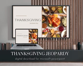 Op de afbeelding: Een digitale download voor Microsoft PowerPoint met een Thanksgiving Jeopardy-spel. De afbeelding toont een laptopscherm met de titel van het spel en een ingelijst beeld van een Thanksgiving-dinertafel met een geroosterde kalkoen, bijgerechten en herfstbladeren.