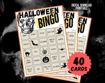 May include: A set of 40 printable Halloween Bingo cards. Each card features a black and white skull graphic at the top and a 5x5 grid of Halloween-themed images and words, such as "Mummy", "Vampire", "Zombie", and "Haunted House".