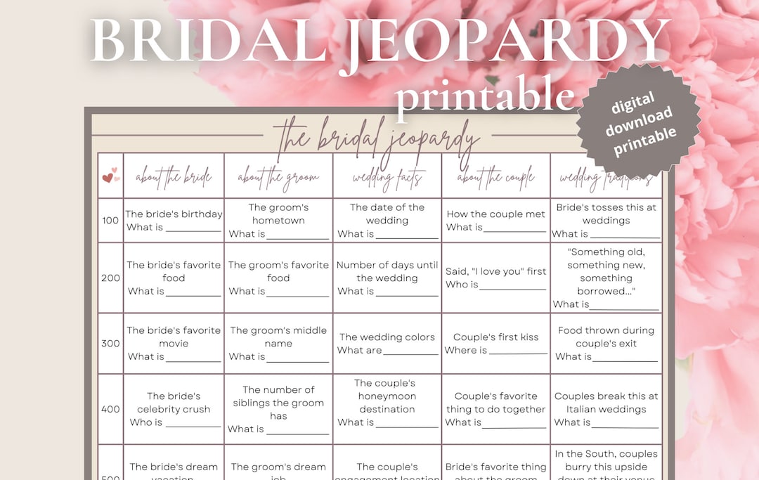 Bridal Jeopardy Printable Bridal Jeopardy Game Bridal Jeopardy Print Bridal Jeopardy Printable Bridal Jeopardy Game Bridal Jeopardy Print