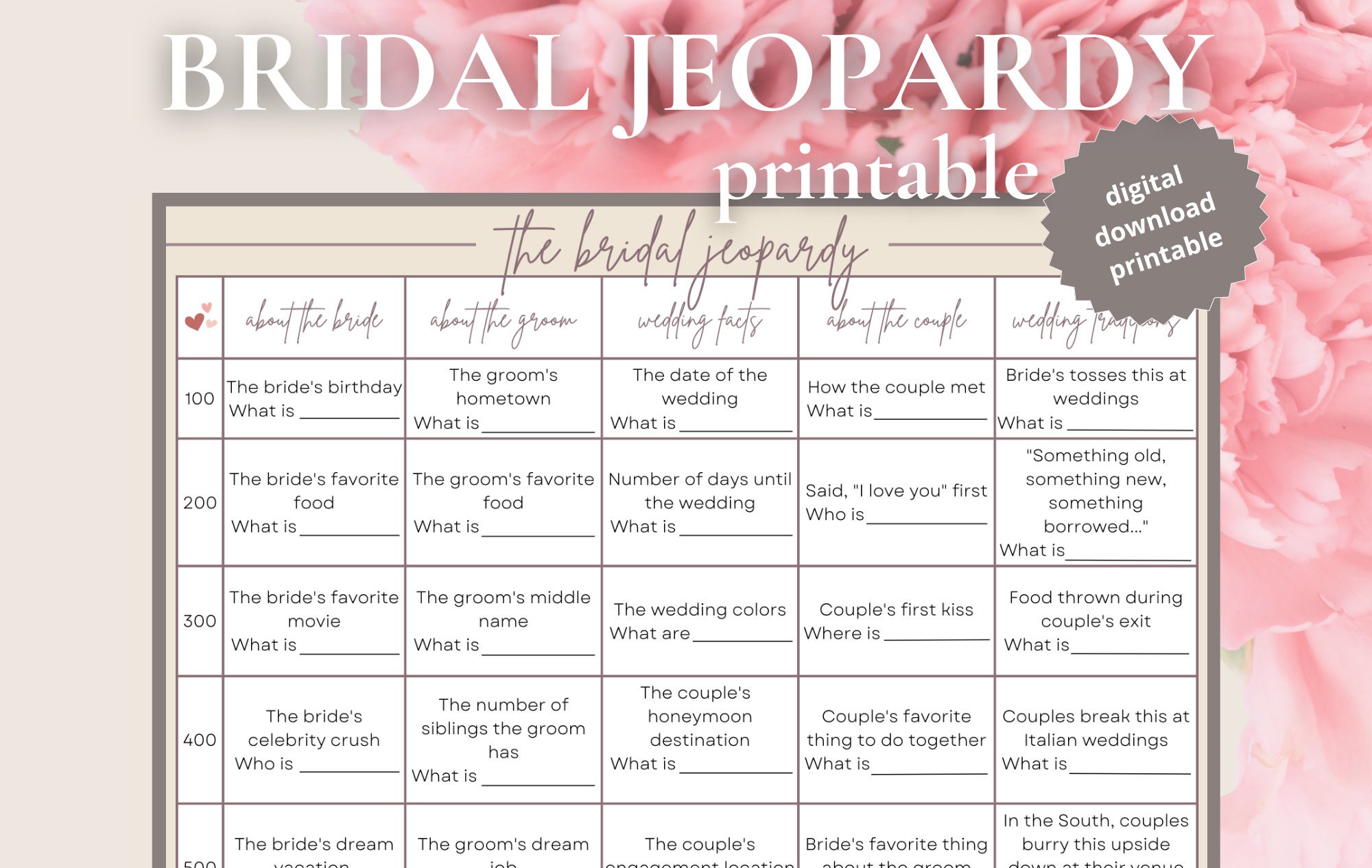 Bridal Jeopardy Printable Bridal Jeopardy Game Bridal Etsy Bridal Jeopardy Printable Bridal Jeopardy Game Bridal Etsy