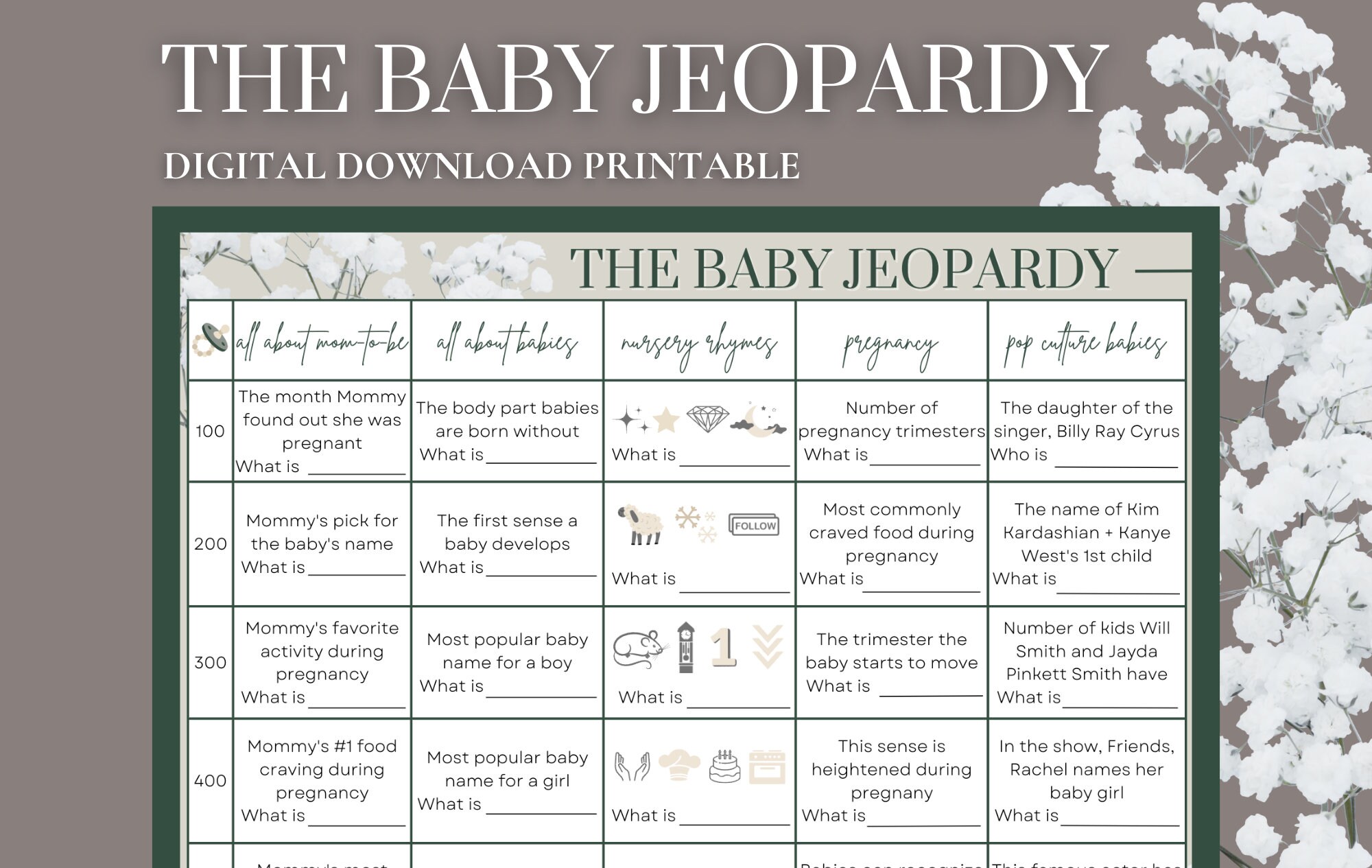 Baby Shower Jeopardy Printable Baby Shower Jeopardy Game Baby Shower ...