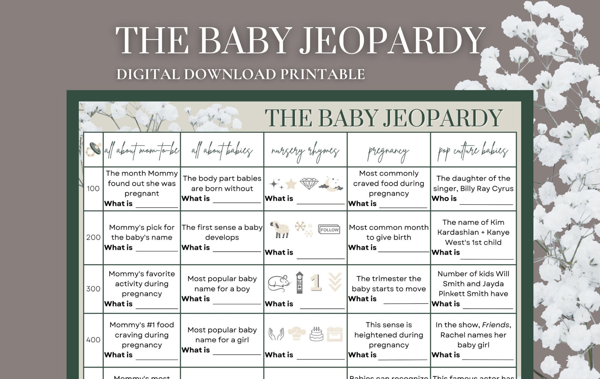Baby Shower Jeopardy Printable | Baby Shower Jeopardy Game | Baby Shower Jeopardy Print Out | Baby Shower Game | Baby Shower Game |Baby Game