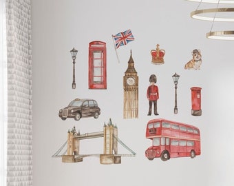 London Great Britain England Wall Decal, Capital Big Ben Vinyl Sticker, Tower Bridge Nursery Decoration, City Sightseeing Boy's Room Girl's