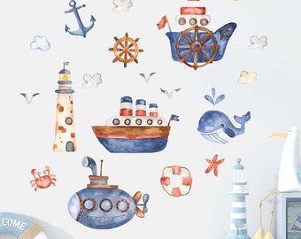 Decalcomania da muro per le vacanze estive della nave da crociera sull'oceano, adesivo in vinile, decorazione della palma marina, decorazione dell'asilo nido della nave blu, parete di navigazione della stanza del ragazzo