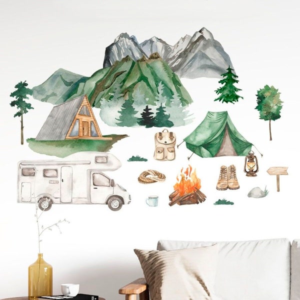 Picnic in montagna Avventura Wall Decal, Journey Mountains Camping Vinyl Sticker, Camp Nursery Decoration, Boy's Room Girl's Wall