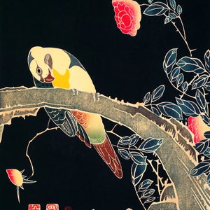 Stretched Canvas Gift Housewarming Painting Wall Decor Living/Bedroom Parrot on the Branch of a Flowering Rose Bush Ito Jakuchu. Wall Canvas