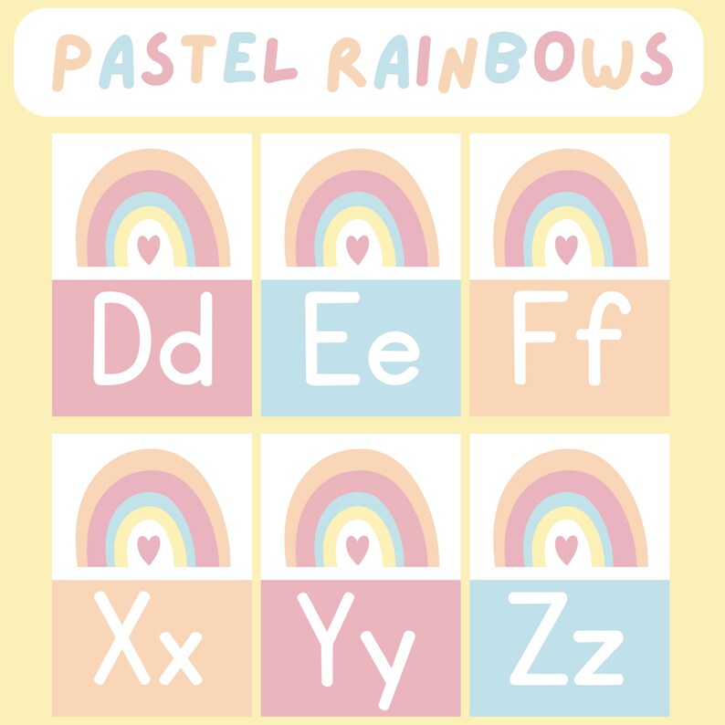 Carteles del alfabeto IMPRIMIBLE l Tema de color arco iris pastel l ...
