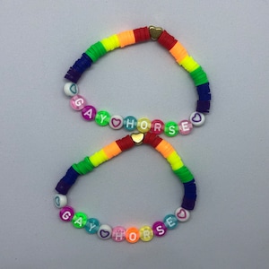 May include: Two rainbow colored beaded bracelets with the words "Gay Horse" spelled out in white letters on each bracelet.