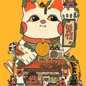 Cartão postal Lucky Cat | Cartão postal 4x6 | Cartão postal | Original, Arte de comida, Decoração de casa e cozinha, Arte de parede de café, Impressão digital