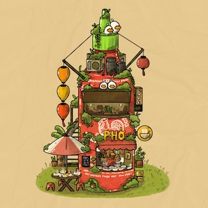 May include: A red and green illustration of a street food vendor selling pho. The vendor is built from a hot sauce bottle with a red roof and a sign that says "PHO". There are green plants and red lanterns hanging from the roof.