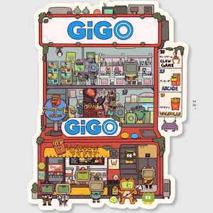 May include: An illustrated storefront with the word "GIGO" in large blue letters. The storefront has three floors with various arcade games, a claw machine, and a restaurant called "Wagdolan".