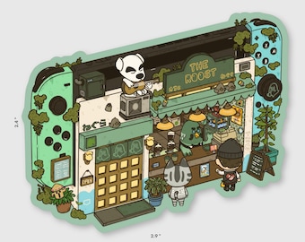 Puede incluir: Una pegatina que representa una consola Nintendo Switch transformada en un café, llamado "The Roost". El café está poblado de personajes de dibujos animados. La pegatina mide 7,3 cm de ancho y 6,1 cm de alto.