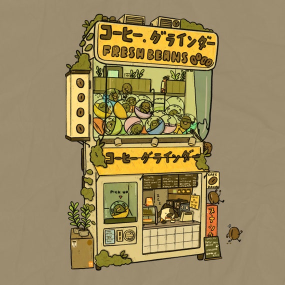 Coffee Bean Shop 8x8 Matte Print, fresh beans co, Cute original art brown aesthetic, gachapon wall art decor, cute cafe aesthetic,