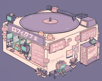 May include: A cartoon illustration of a record player shaped like a cafe with a robot sitting outside. The cafe is called "Lofi Cafe" and has a sign that says "Koffee Maker". The record player has a purple record on it and a sign that says "Menu: Koffee: Dark Roast 12oz 16oz Light Roast 12oz 16oz". There is a sign that says "シューク ホックス" (Shūku Hokkusu) and another sign that says "ローファイ" (Rōfa i).