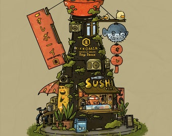 Soy Sauce 8x8 Matte Art Print, kawaii octopus food stand, kikkoman japanese food brand, condiment sauce, asian sauce,